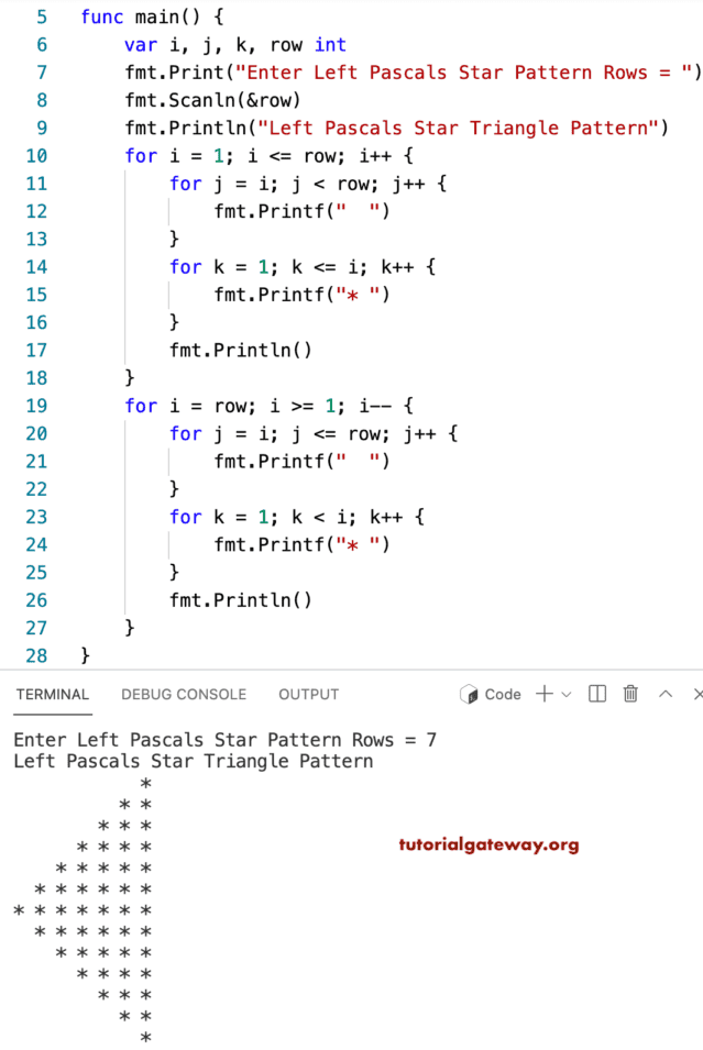 Go Program to Print Left Pascals Star Triangle
