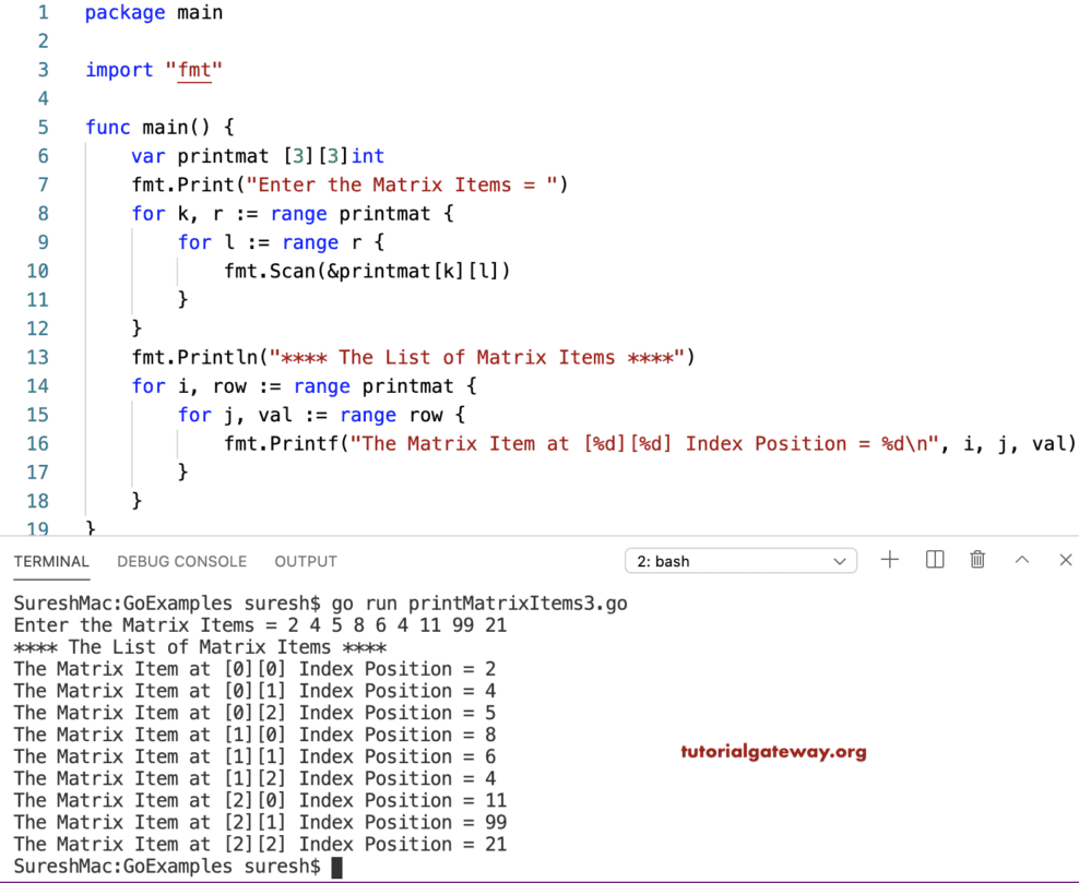 Golang Program to Print Matrix Items