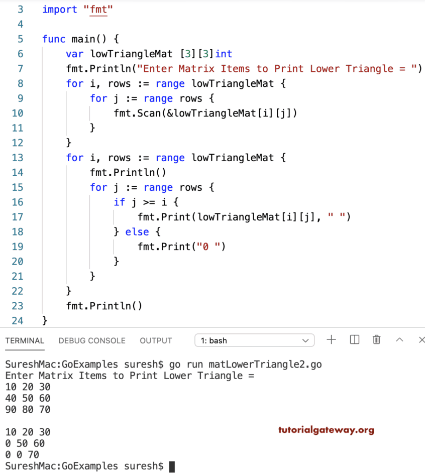 Golang Program to Print Matrix Lower Triangle