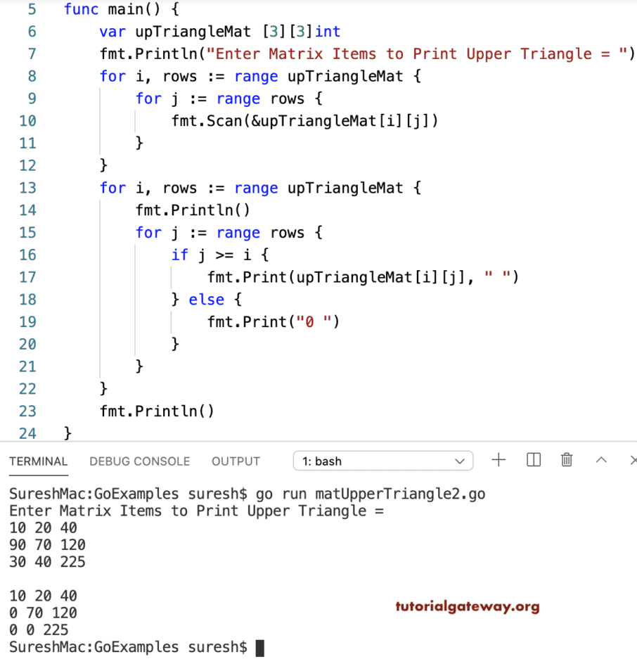 Golang Program to Print Upper Triangle of a Matrix