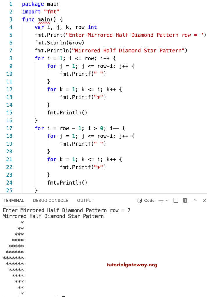 Go Program to Print Mirrored Half Diamond Star Pattern