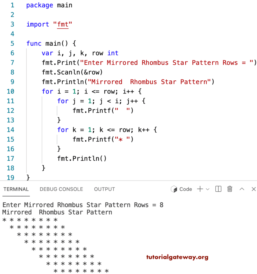 Go Program to Print Mirrored Rhombus Star Pattern