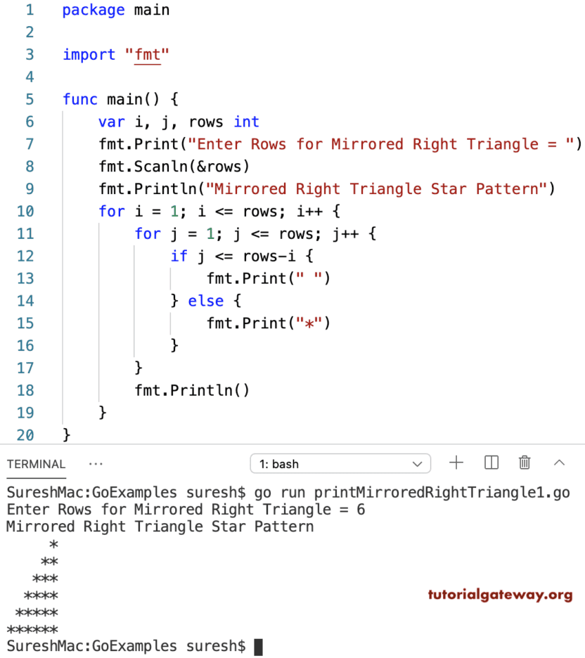 Go Program to Print Mirrored Right Triangle Pattern