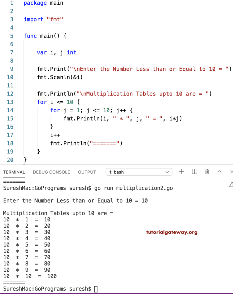 Golang Program to Print Multiplication Table