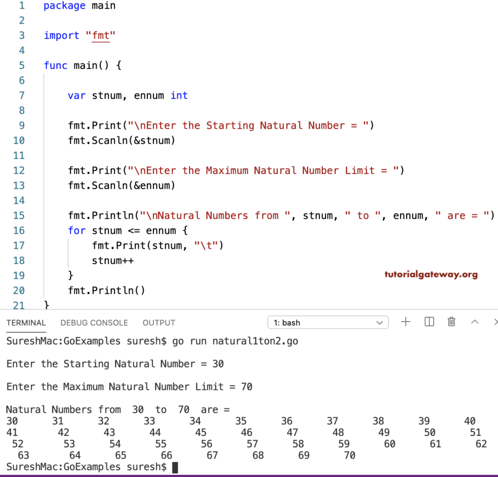 Golang Program to Print Natural Numbers