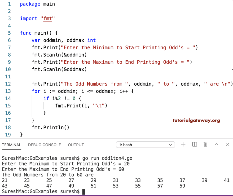 Golang Program to Print Odd Numbers