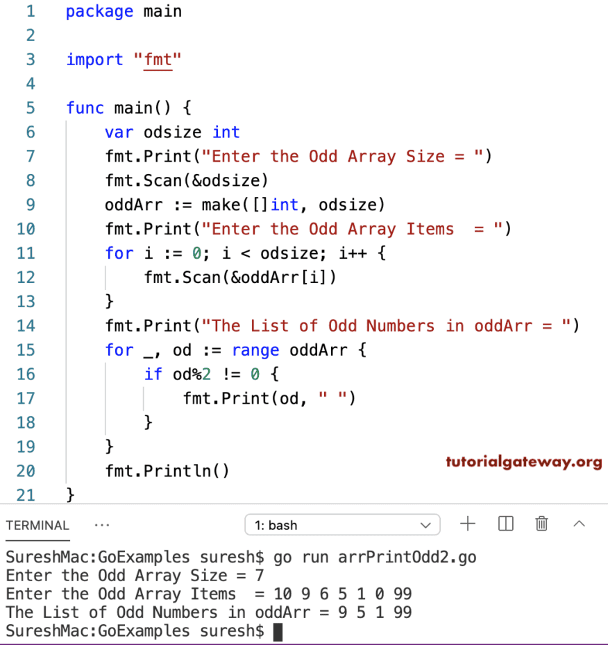 Go program to Print Odd Numbers in an Array
