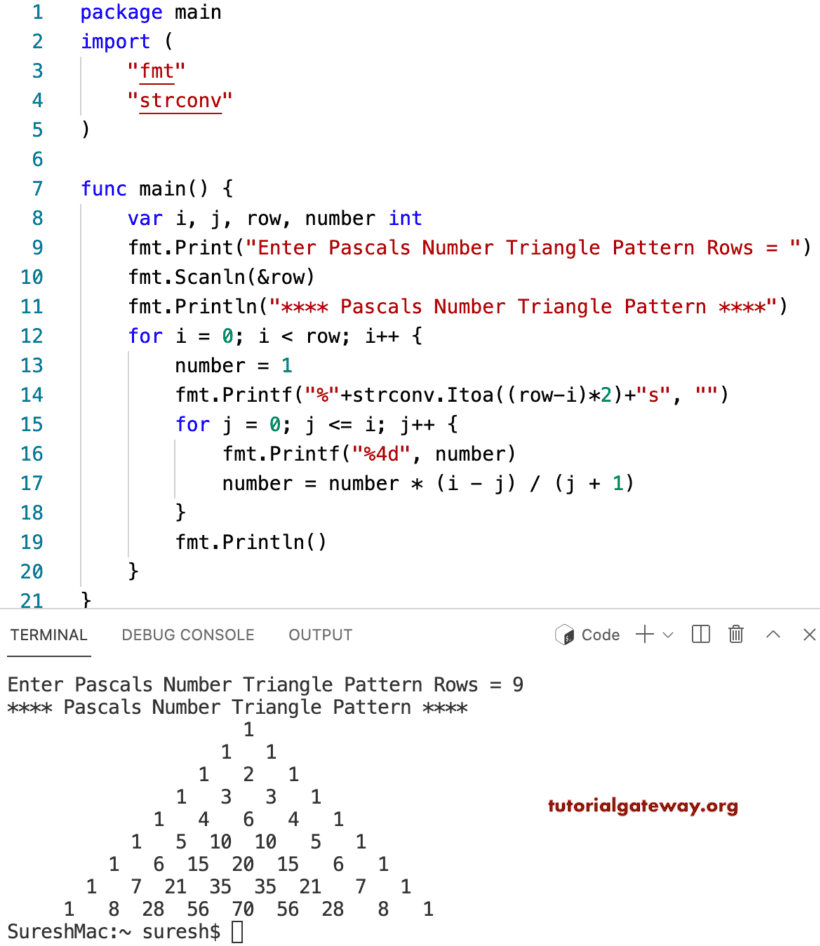 Go Program to Print Pascal Triangle