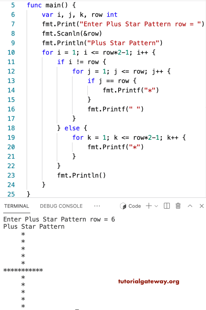 Go Program to Print Plus Star Pattern