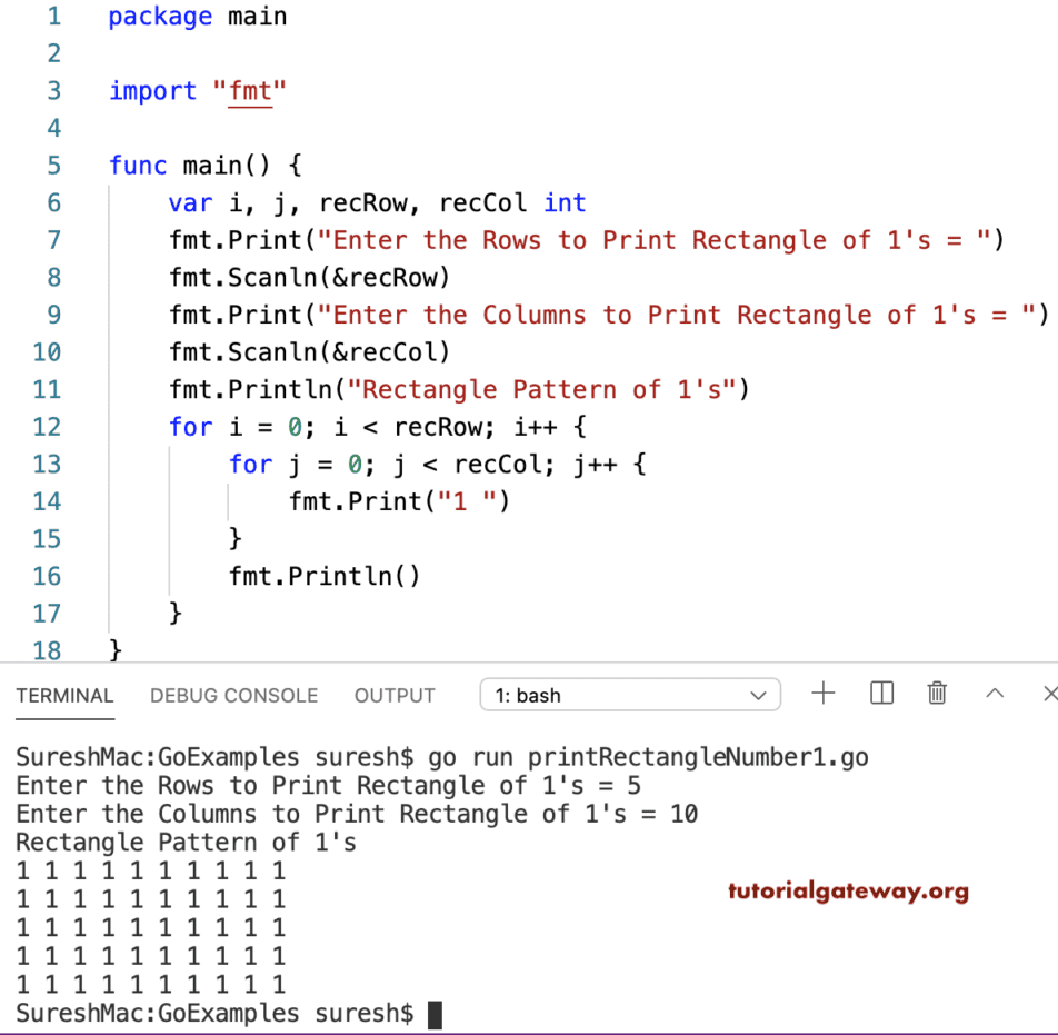 Go Program to Print Rectangle Number Pattern