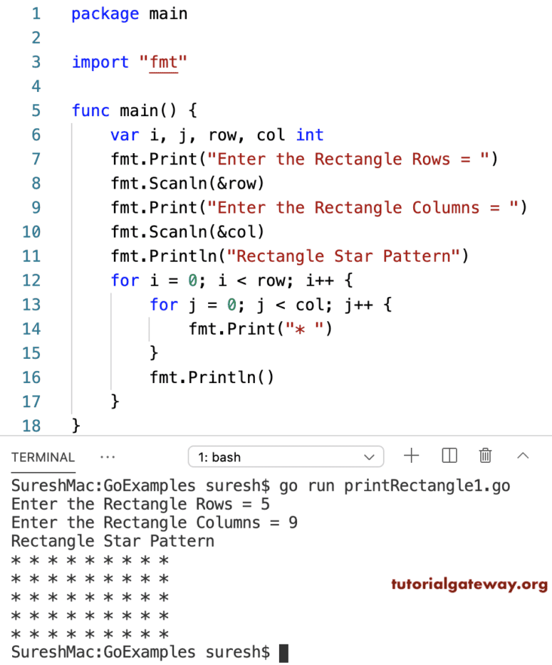 Go Program to Print Rectangle Star Pattern
