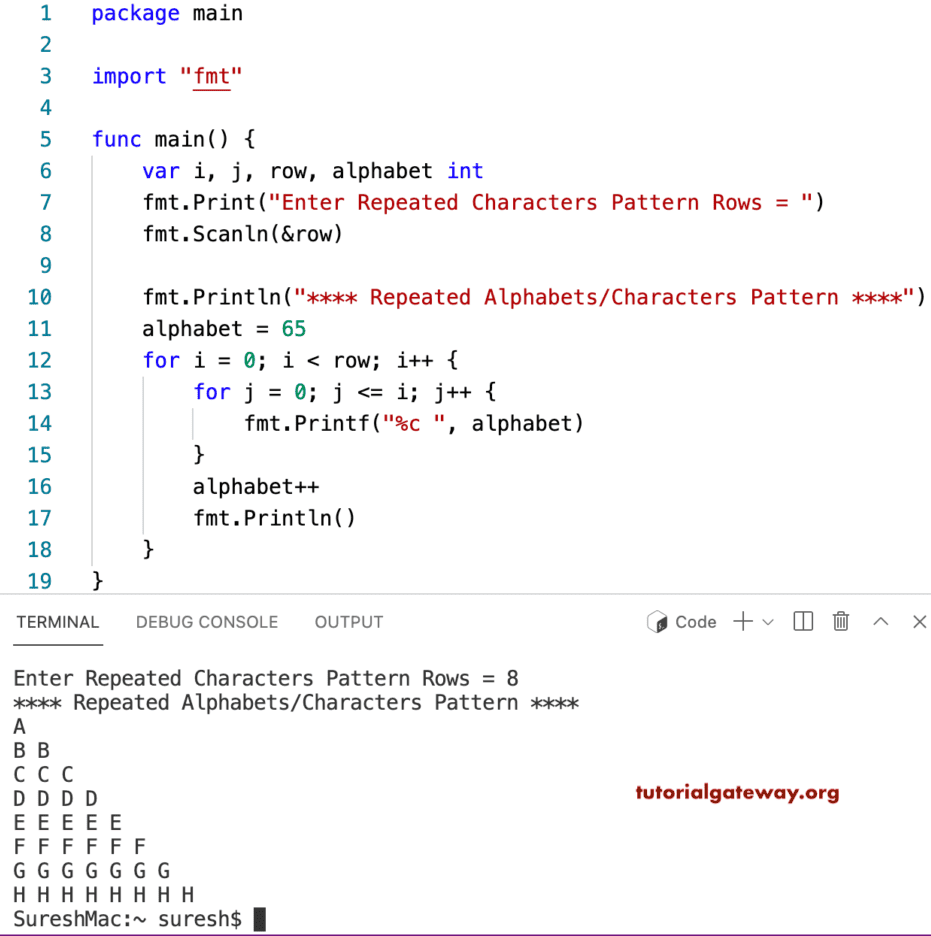 Go Program to Print Repeated Characters Pattern