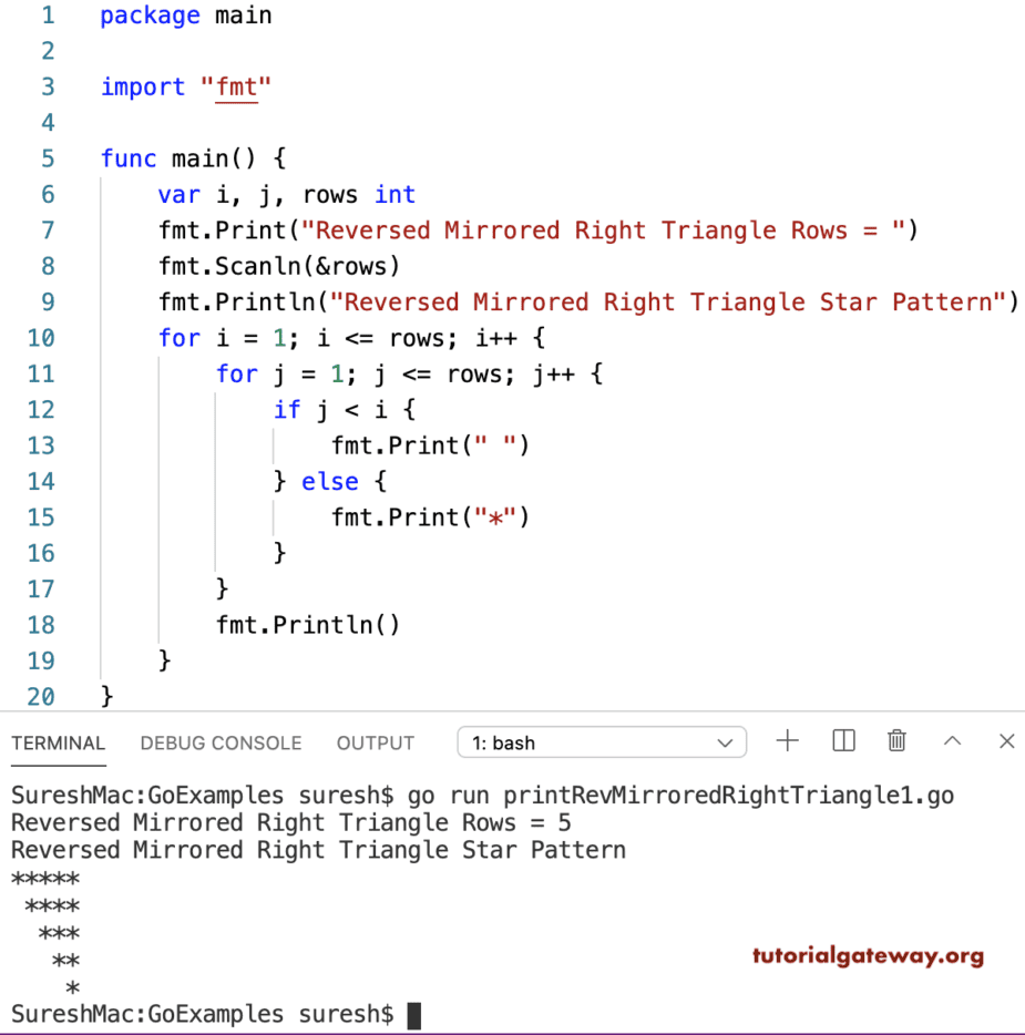 Go Program to Print Reversed Mirrored Right Triangle Pattern