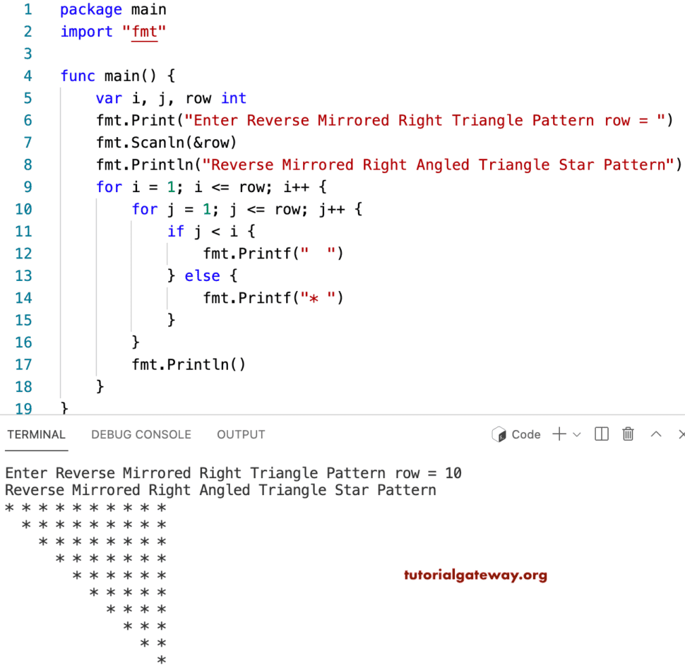 Go Program to Print Reverse Mirrored Right Triangle Star Pattern