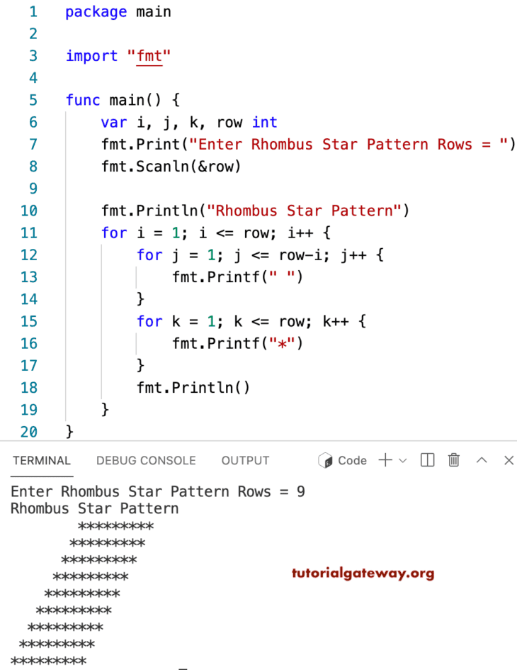 Go Program to Print Rhombus Star Pattern