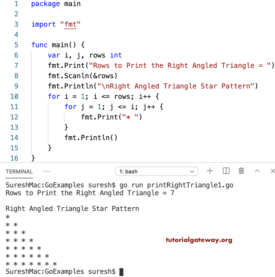 Go Program to Print Right Angled Triangle Star Pattern