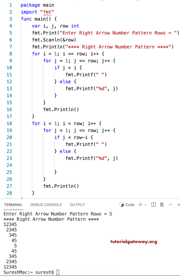 Go Program to Print Right Arrow Number Pattern