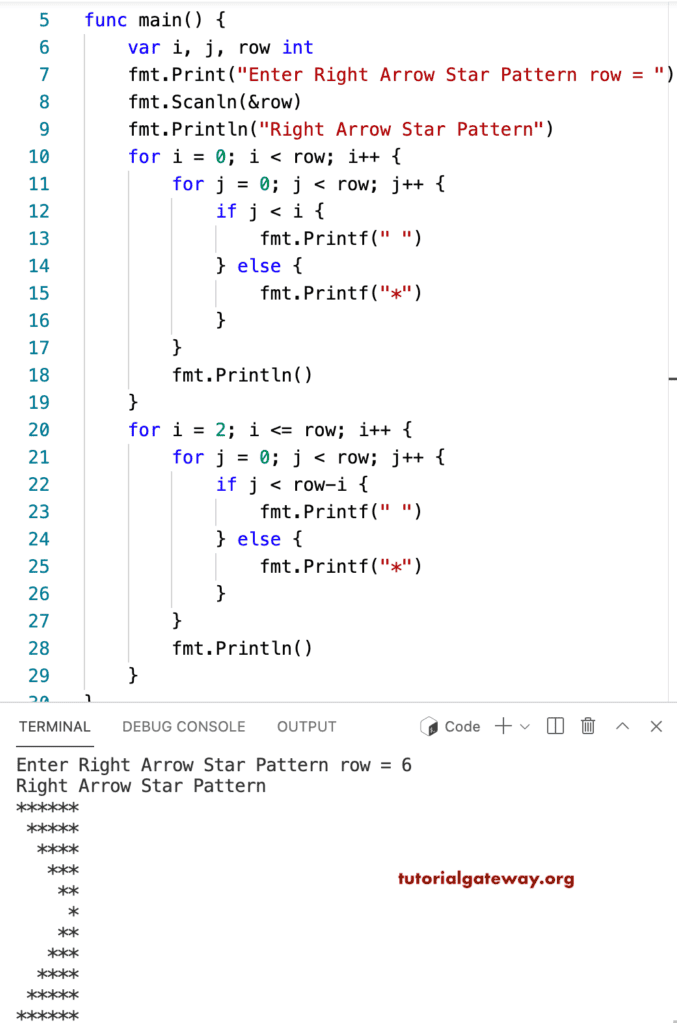 Go Program to Print Right Arrow Star Pattern