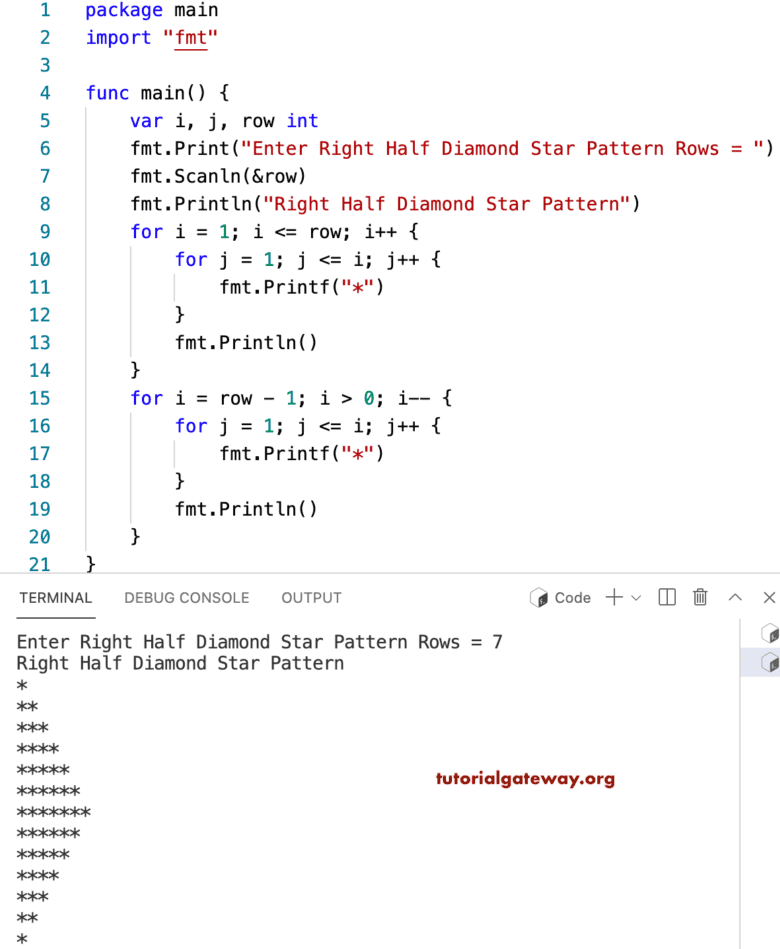 Go Program to Print Right Half Diamond Star Pattern