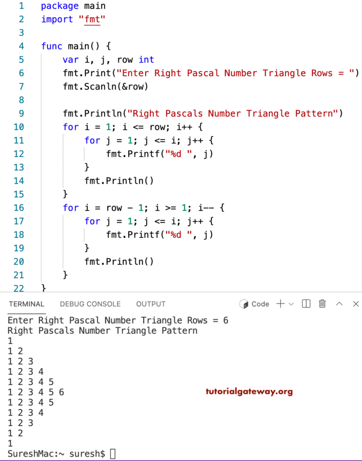 Go Program to Print Right Pascals Number Triangle