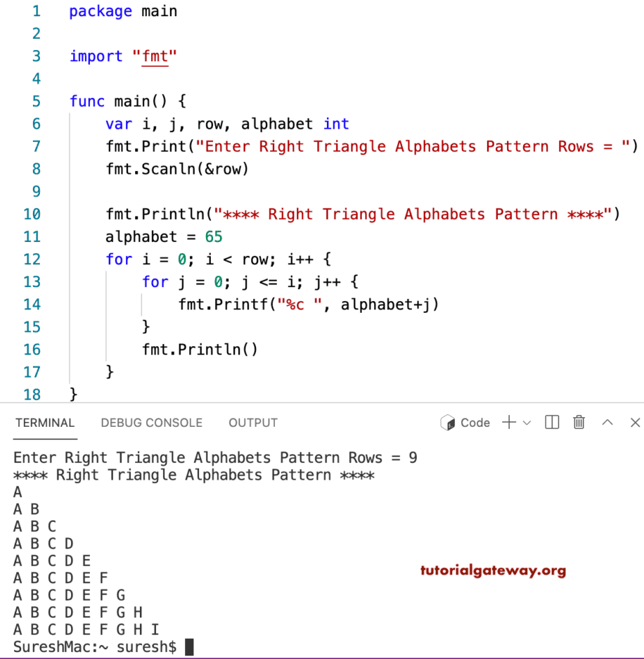 Go Program to Print Right Triangle Alphabets Pattern