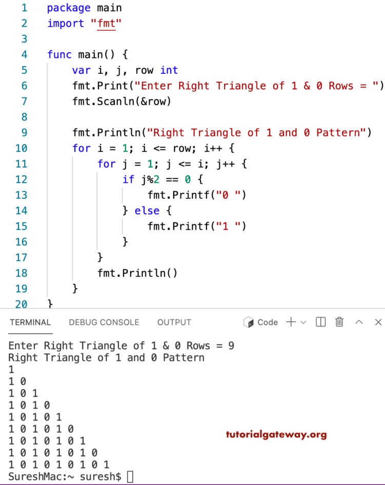Go Program to Print Right Triangle of 1 and 0