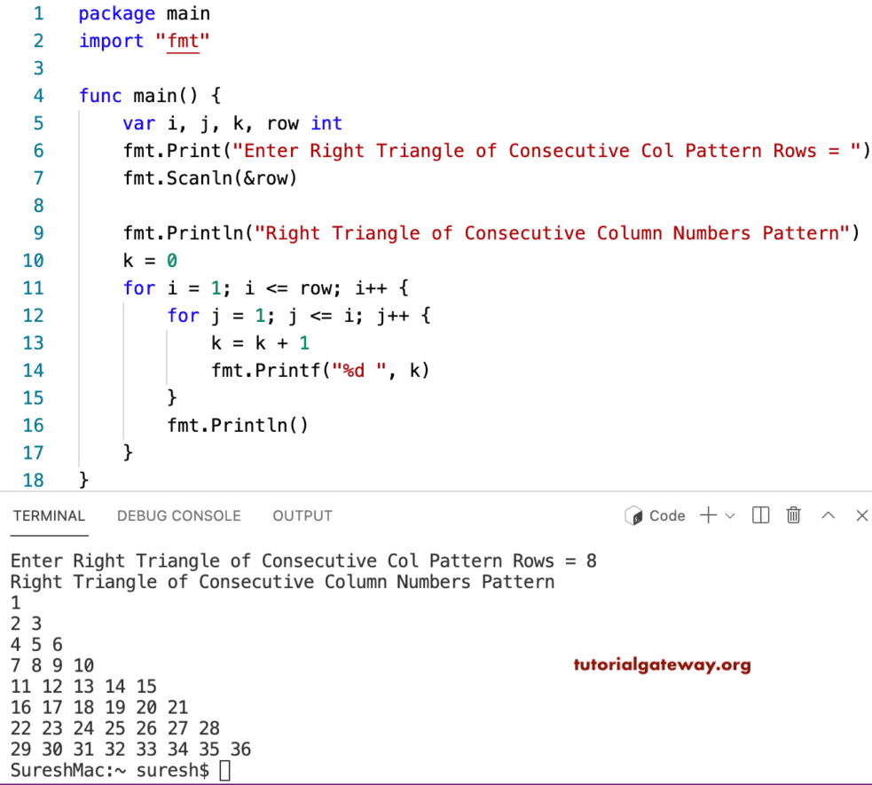 Go Program to Print Right Triangle of Consecutive Column Numbers