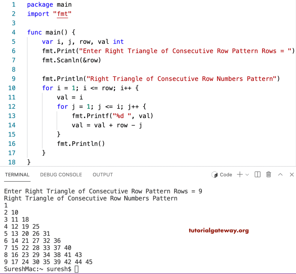 Go Program to Print Right Triangle of Consecutive Rows Numbers