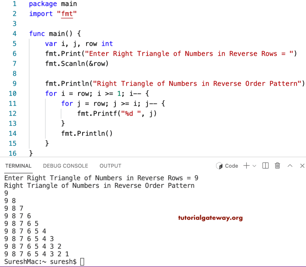 Go Program to Print Right Triangle of Numbers in Reverse