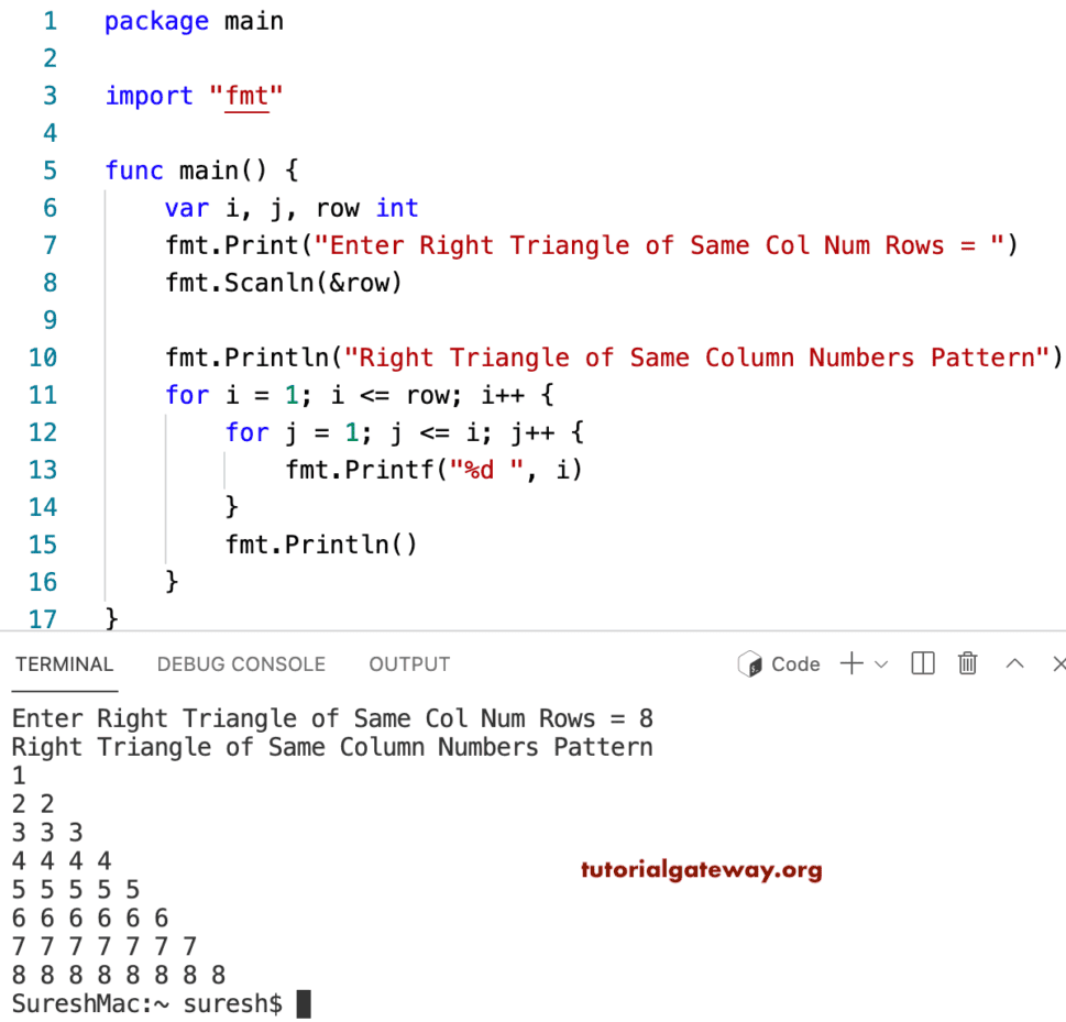 Go Program to Print Right Triangle of Same Column Numbers
