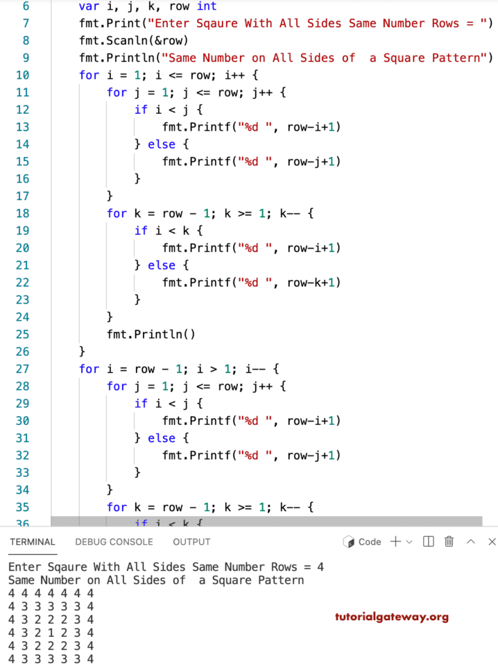 Go Program to Print Same Numbers on all Sides of a Square