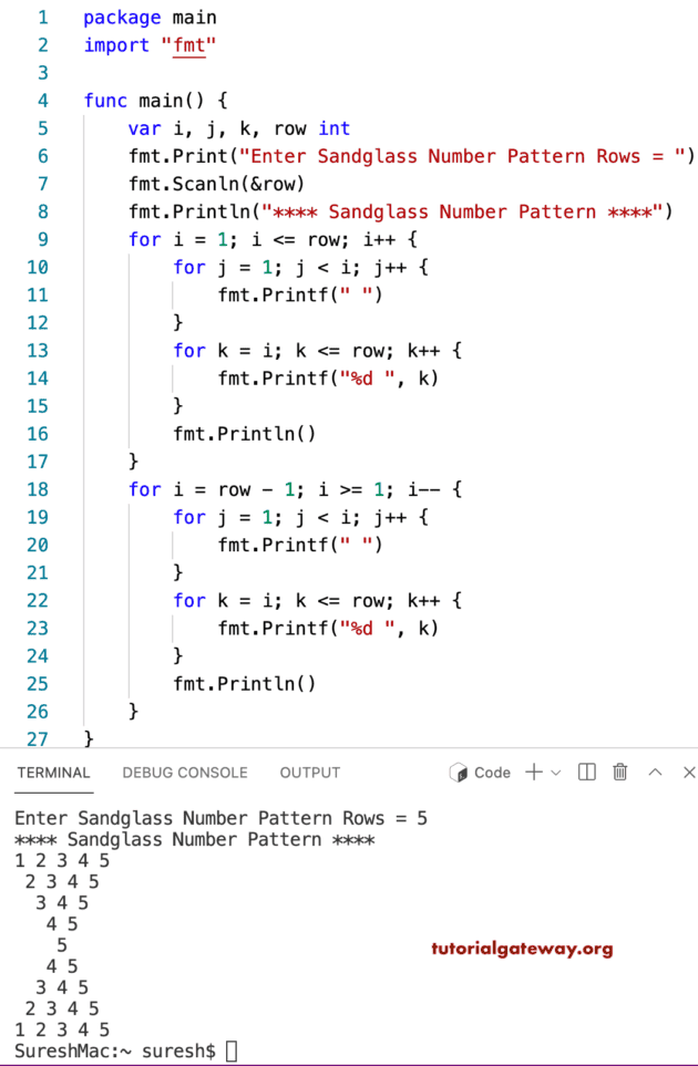 Go program to Print Sandglass Number Pattern