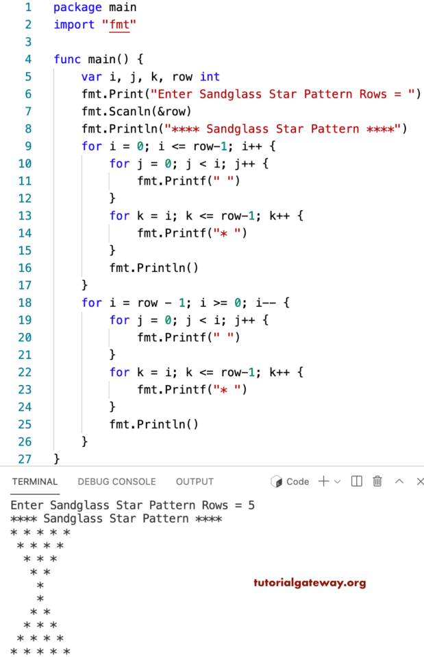 Go program to Print Sandglass Star Pattern