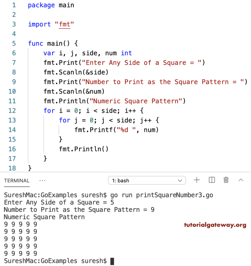 Go Program to Print Square Number Pattern