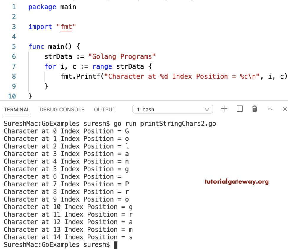 Go Program to Print String Characters
