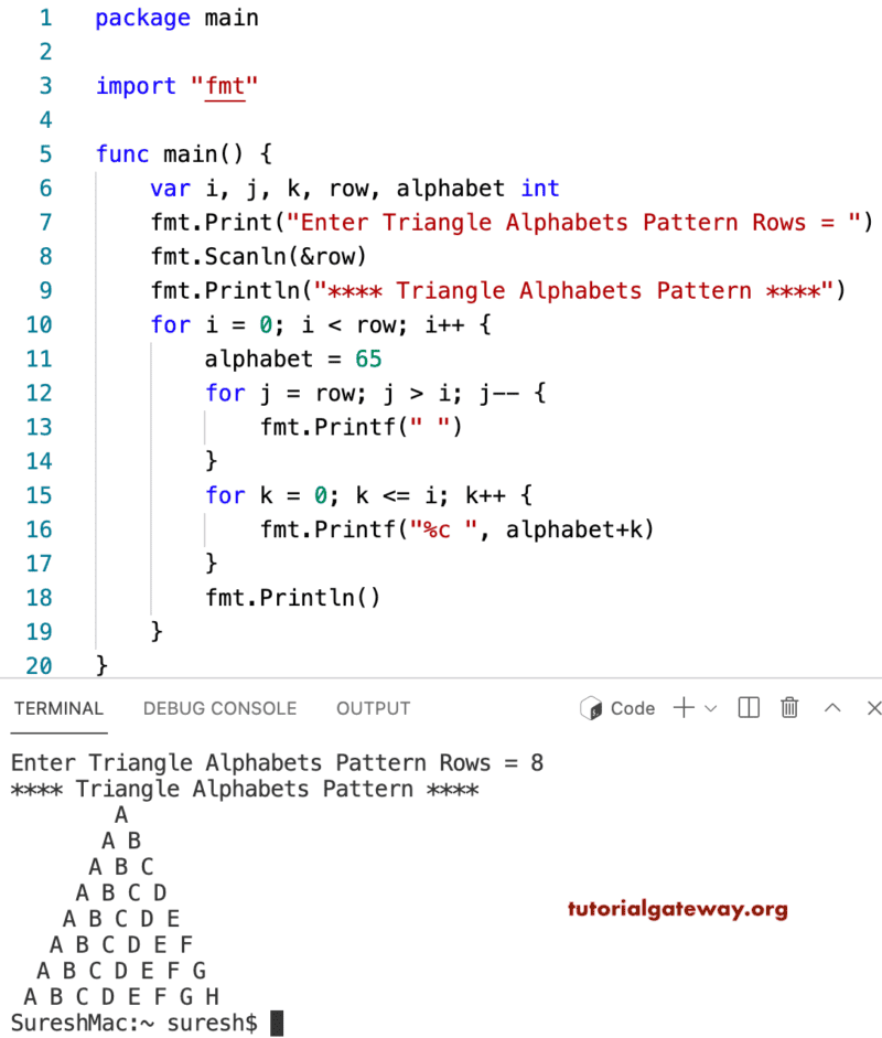 Go Program to Print Triangle Alphabets Pattern