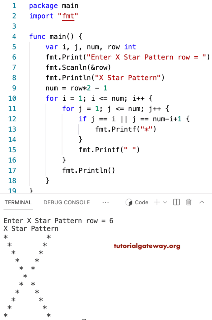 Go Program to Print X Star Pattern