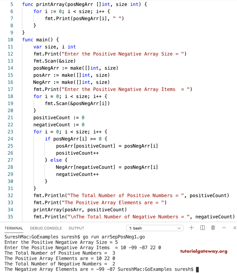 Go Program to Put Positive and Negatives in Separate Array