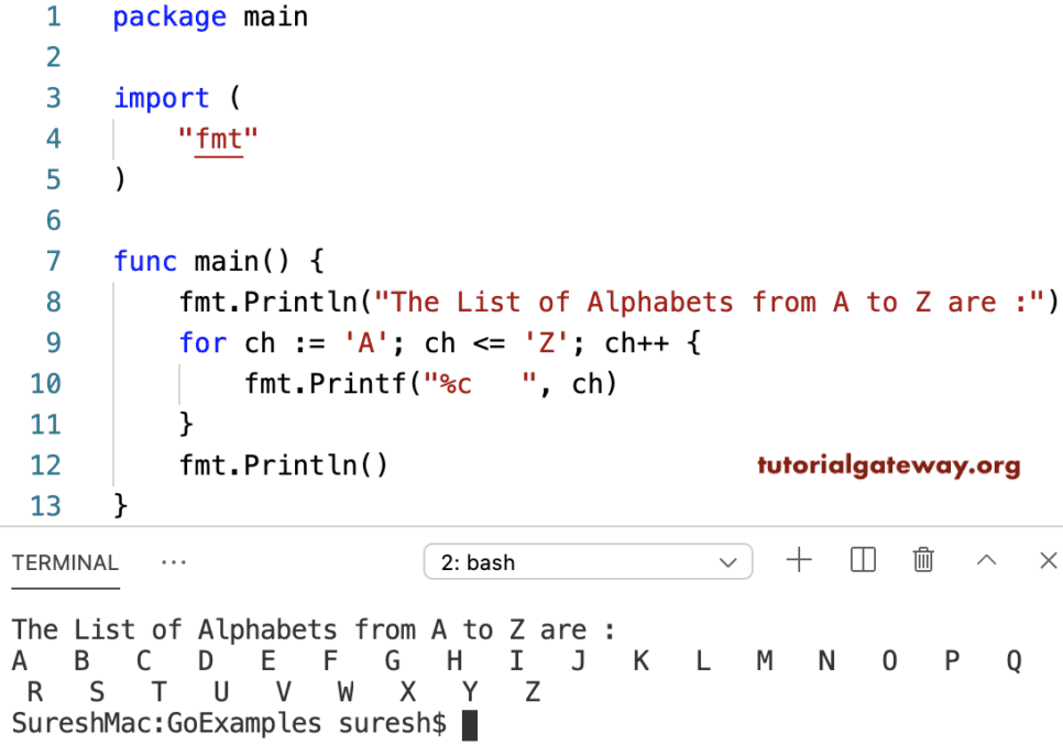 Go Program to Return Alphabets from A to Z