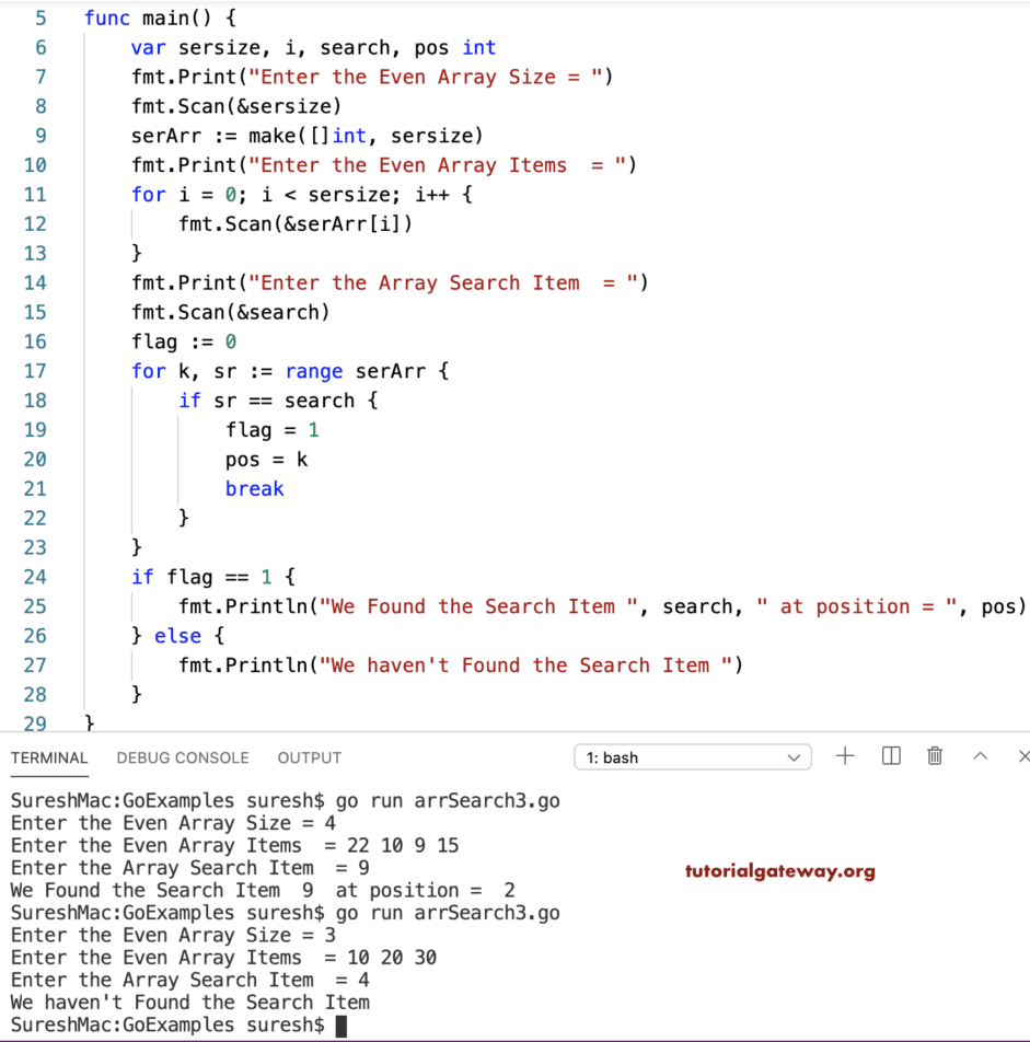Golang Program to Search for Array Elements