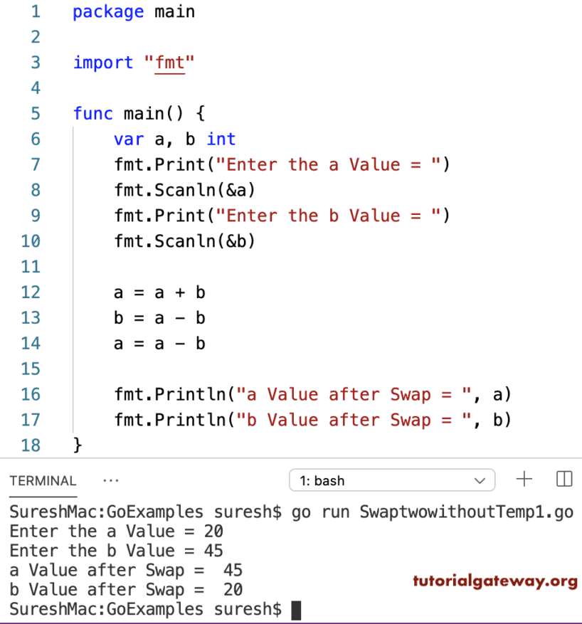 Go Program to Swap Two Numbers without temp variable