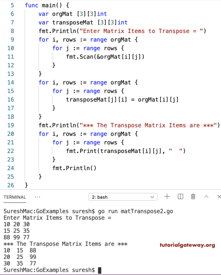 Go Program to Transpose a Matrix