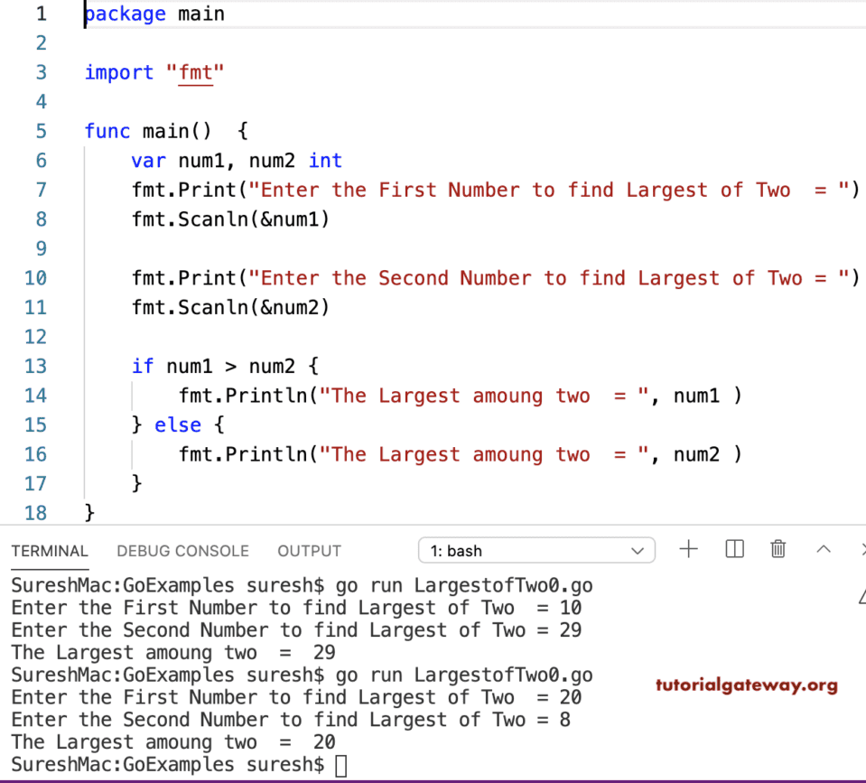 Go Program to find Largest of Two Numbers