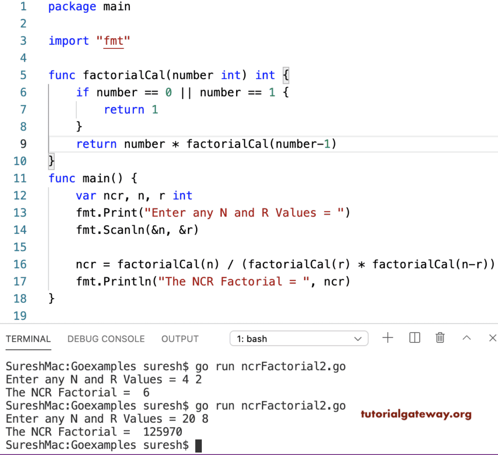 Golang Program to Calculate NCR Factorial of a Number