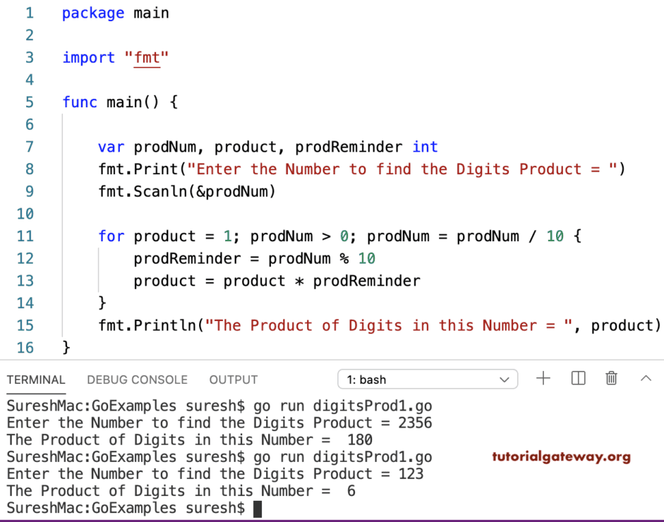 Go Program to find Product of Digits in a Number