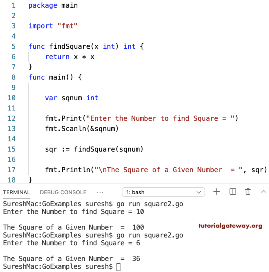 Golang program to find Square of a Number