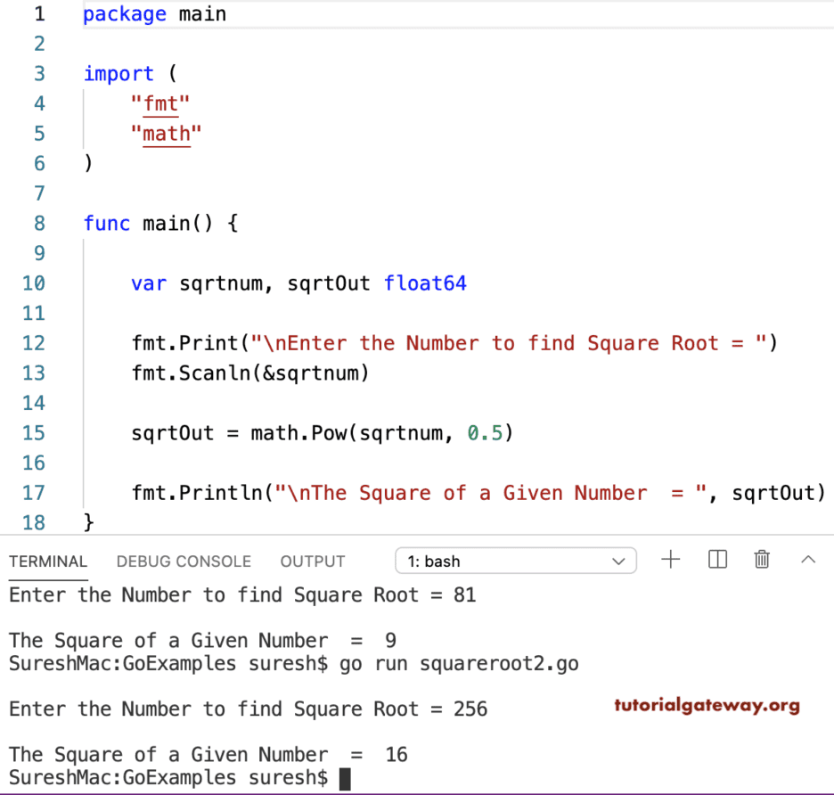 Golang program to find Square root of a Number