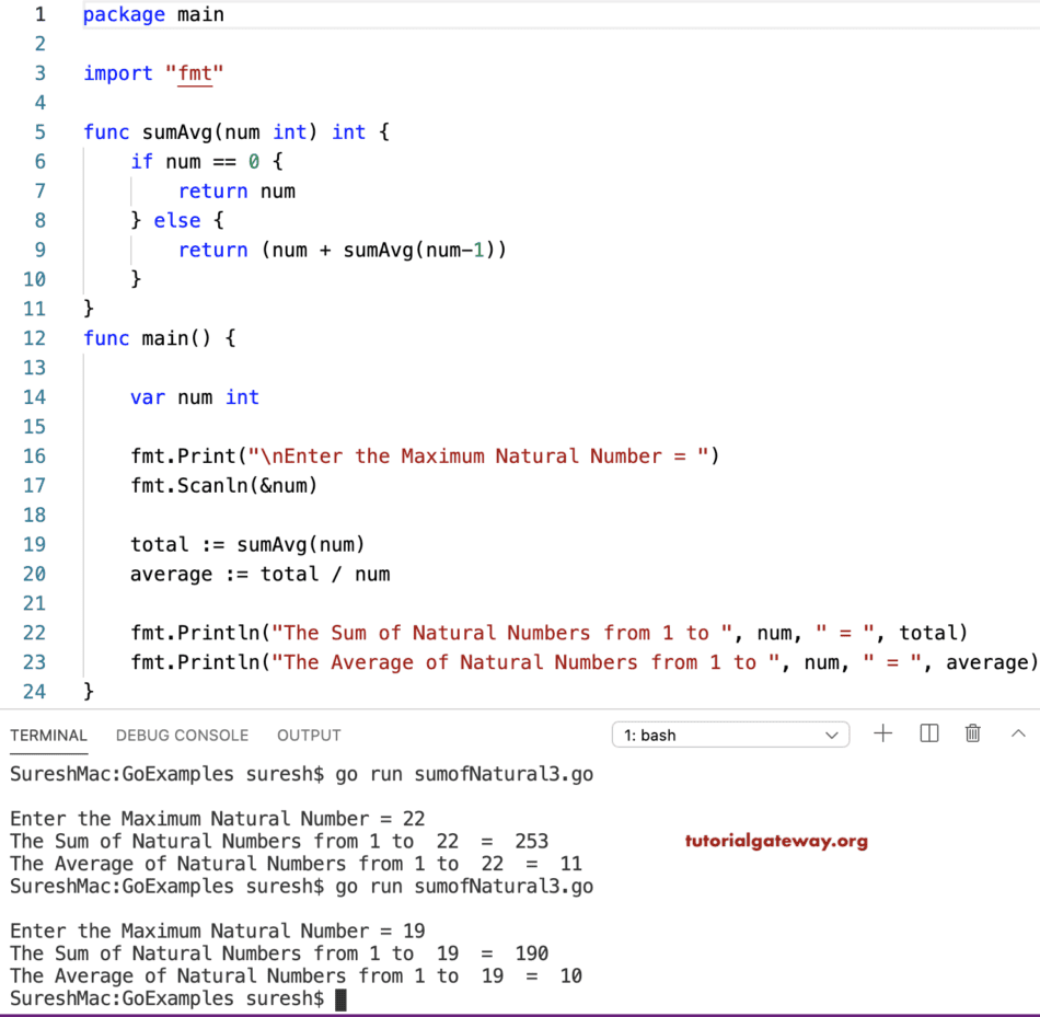 Golang Program to find Sum and Average of Natural Numbers