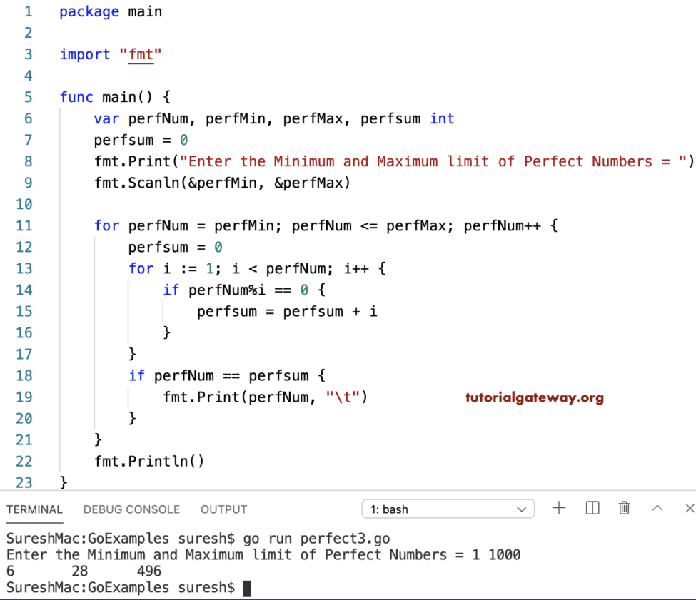 Golang Program to find the Perfect Number
