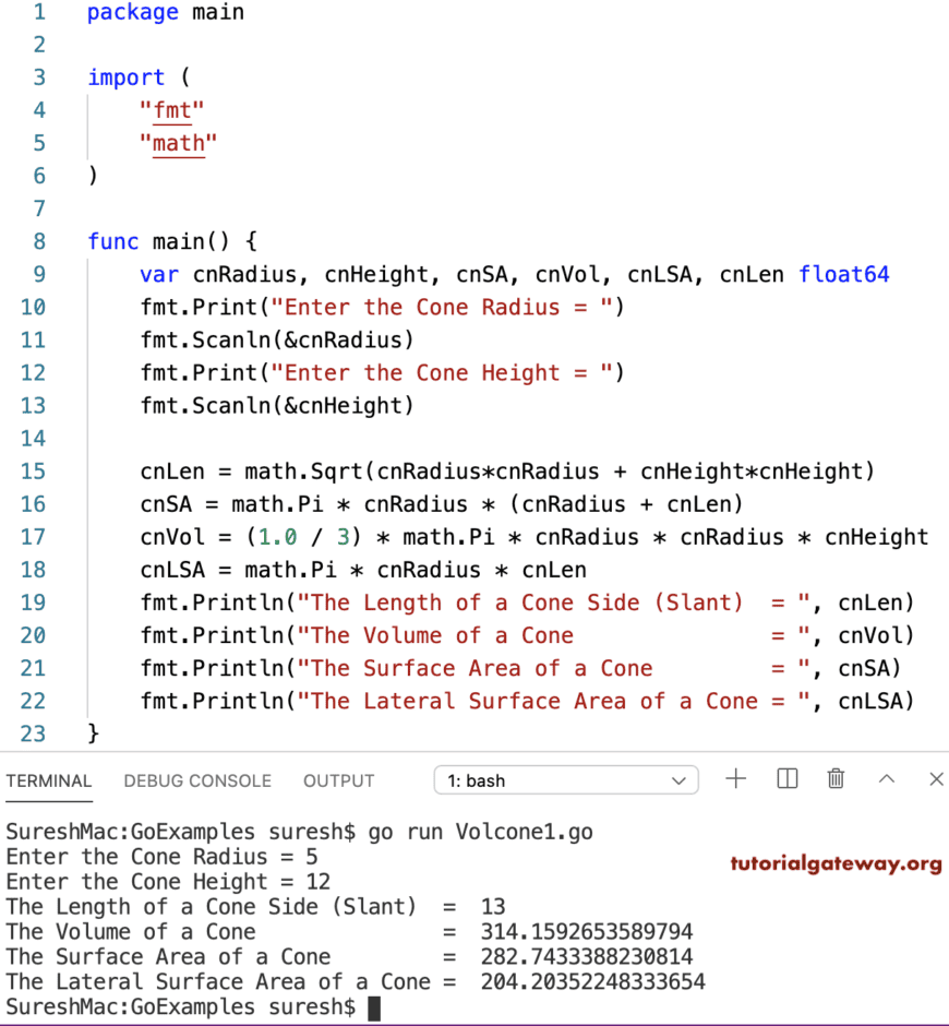 Go program to Find Volume and Surface Area of a Cone